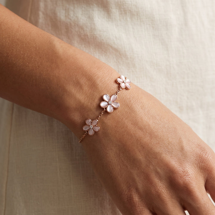 Pink Mother of Pearl and Diamond Flower Chain Bracelet in 14K Rose Gold, worn