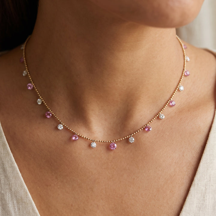 3.19 ct Pink Sapphire and Diamond Charm Necklace in 18K Yellow Gold, worn