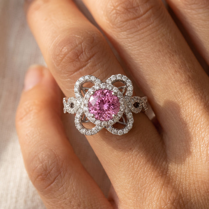 1.10 ct Pink Sapphire and Diamond Floral Cocktail Ring in 14K White Gold, worn