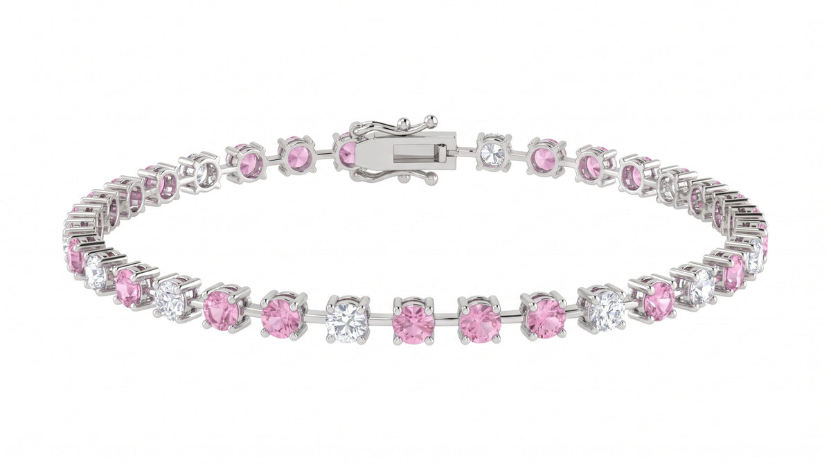Pink Sapphire and Diamond Tennis Bracelet in 14K White Gold