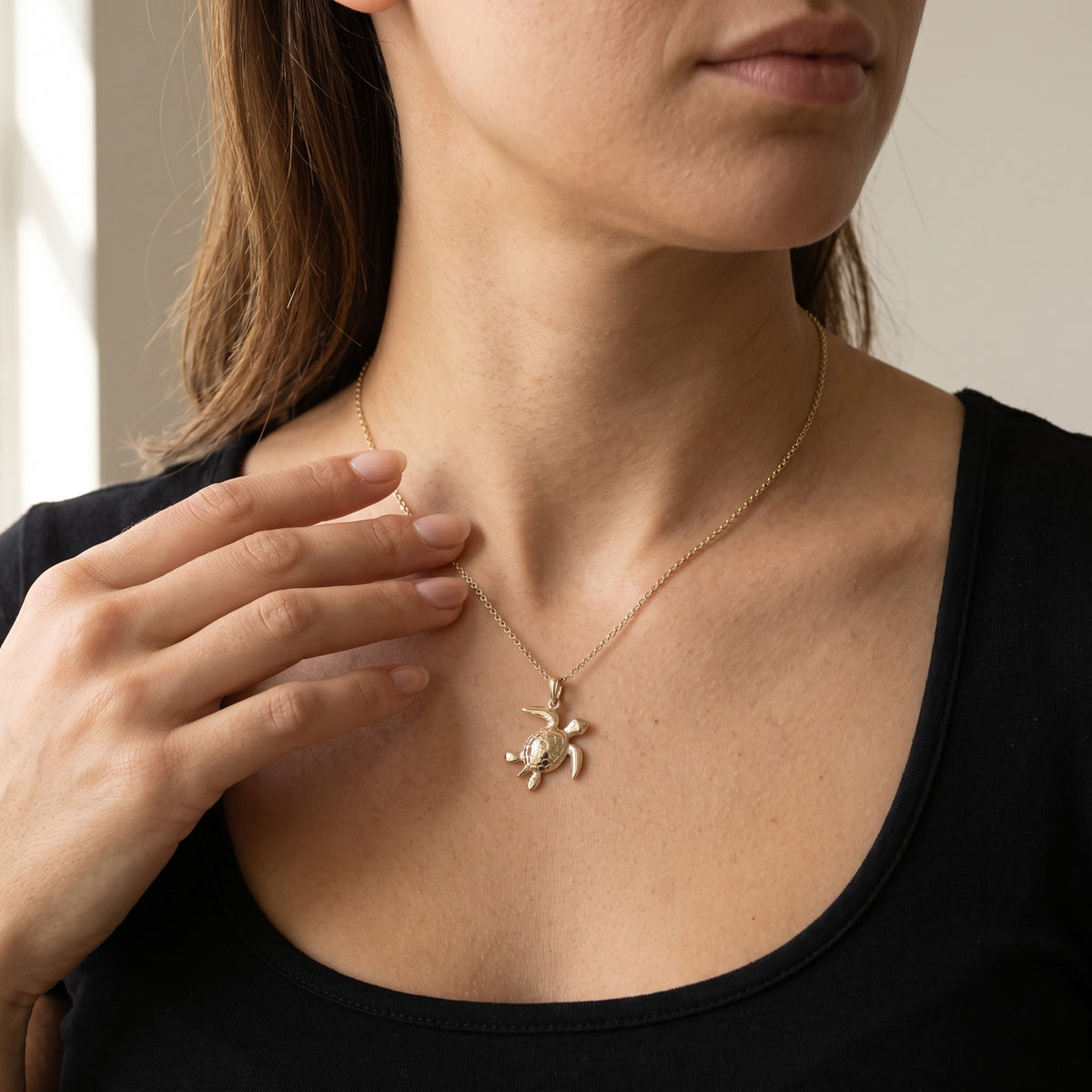 Polished Sea Turtle Pendant Necklace in Yellow Gold, worn, second view