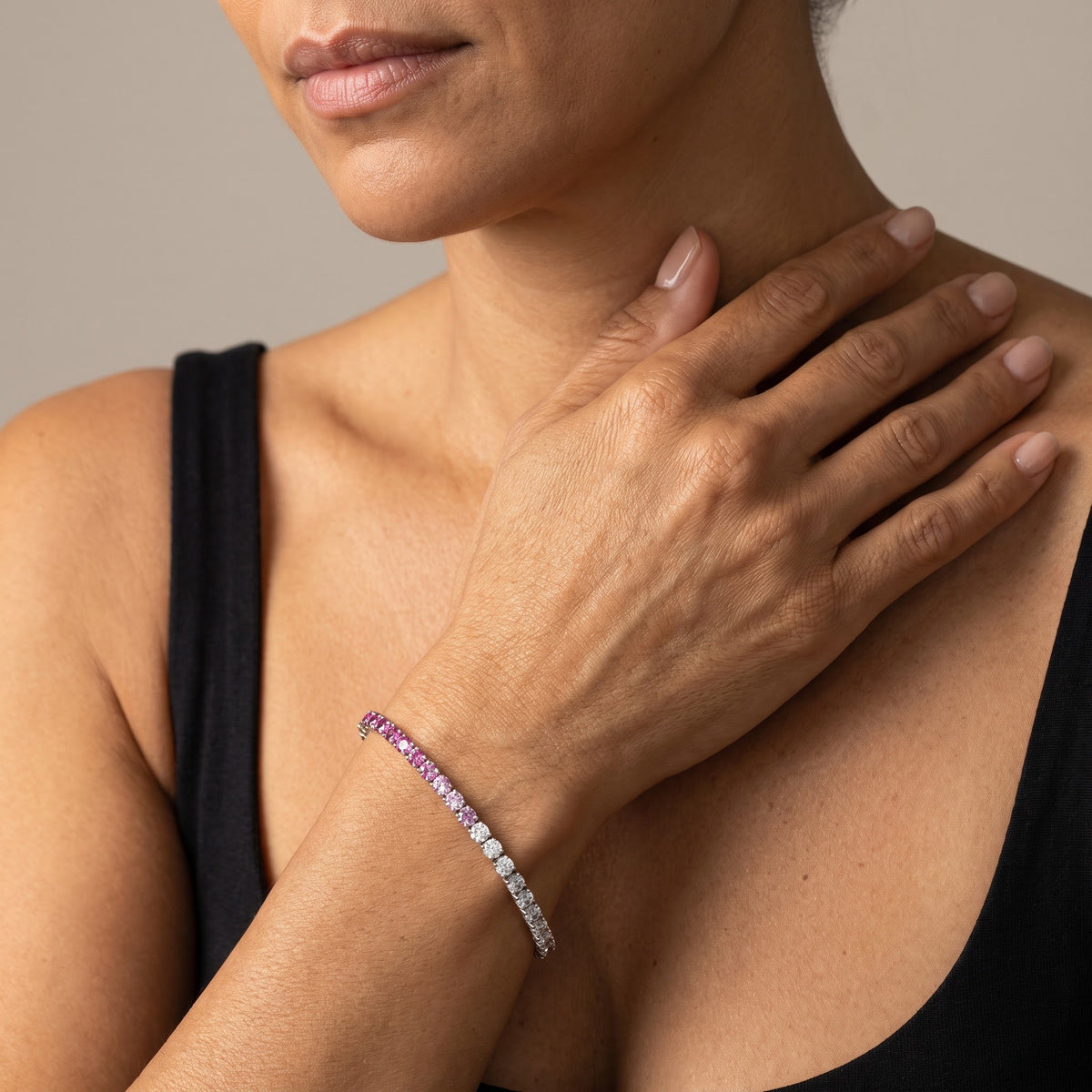 Purplish Pink Sapphire White Gold Tennis Bracelet, worn, second view