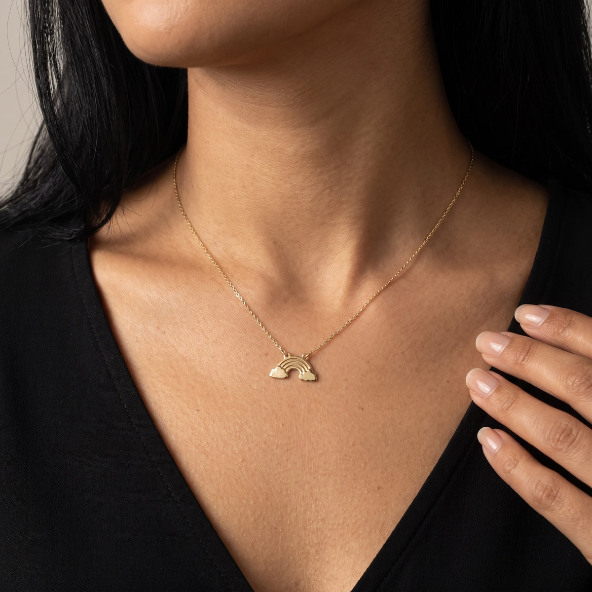 Rainbow Cloud Charm Necklace in Yellow Gold, worn, second view