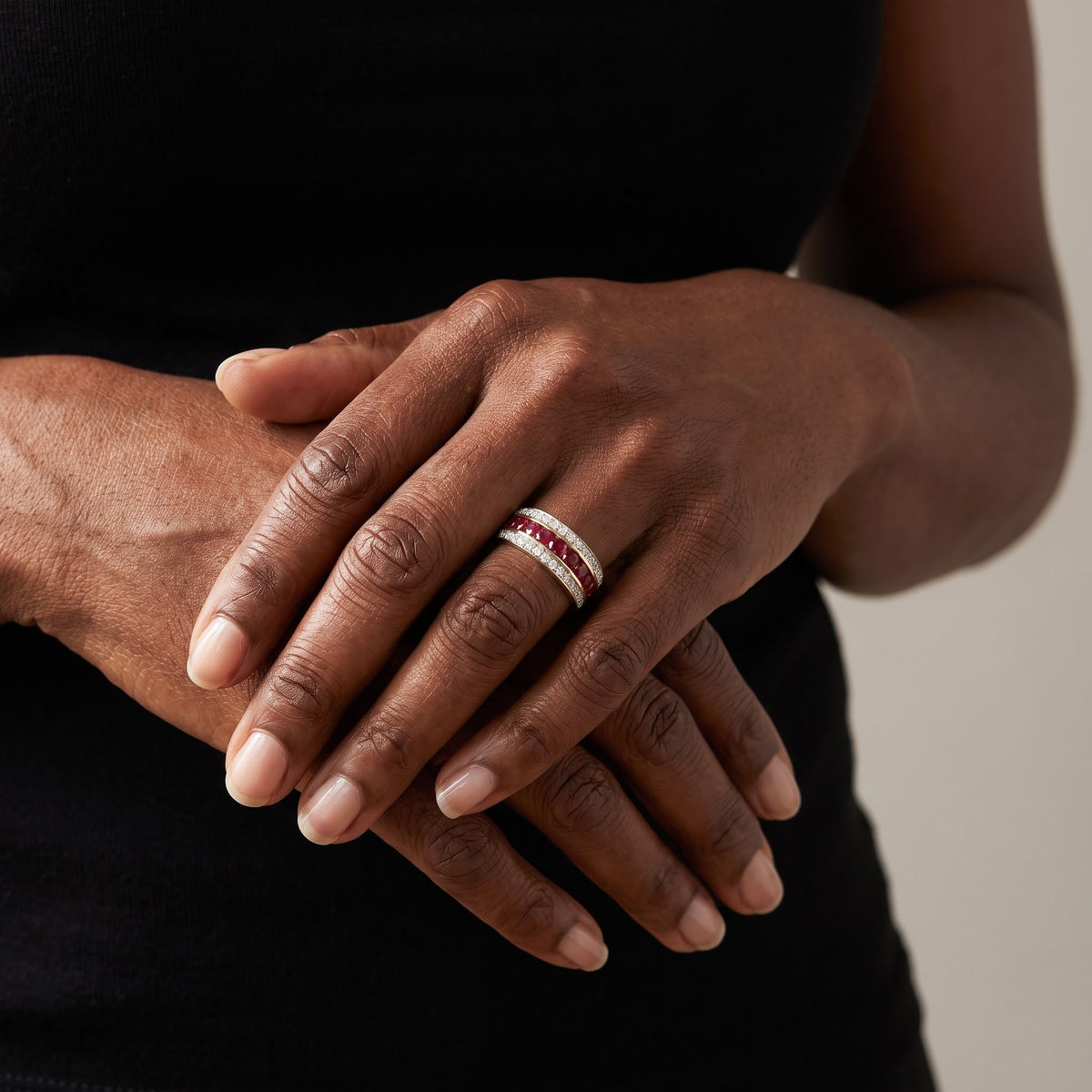Red Ruby and Diamond Band Ring in Yellow Gold, worn, second view