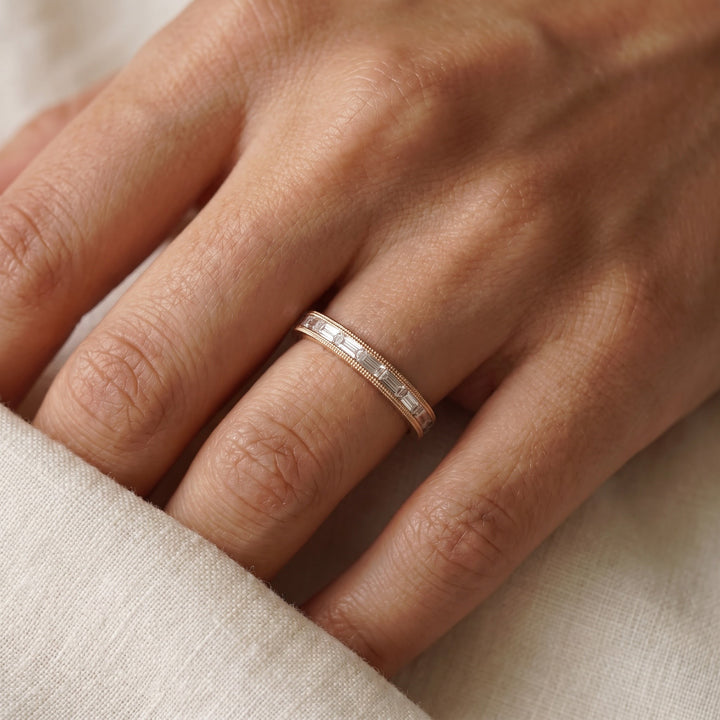 Rose Gold Baguette Diamond Milgrain Band, worn