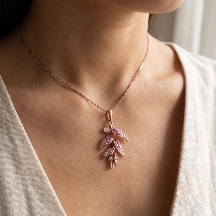 0.50 ct Pink Sapphire and Diamond Botanical Pendant in 14K Rose Gold, worn