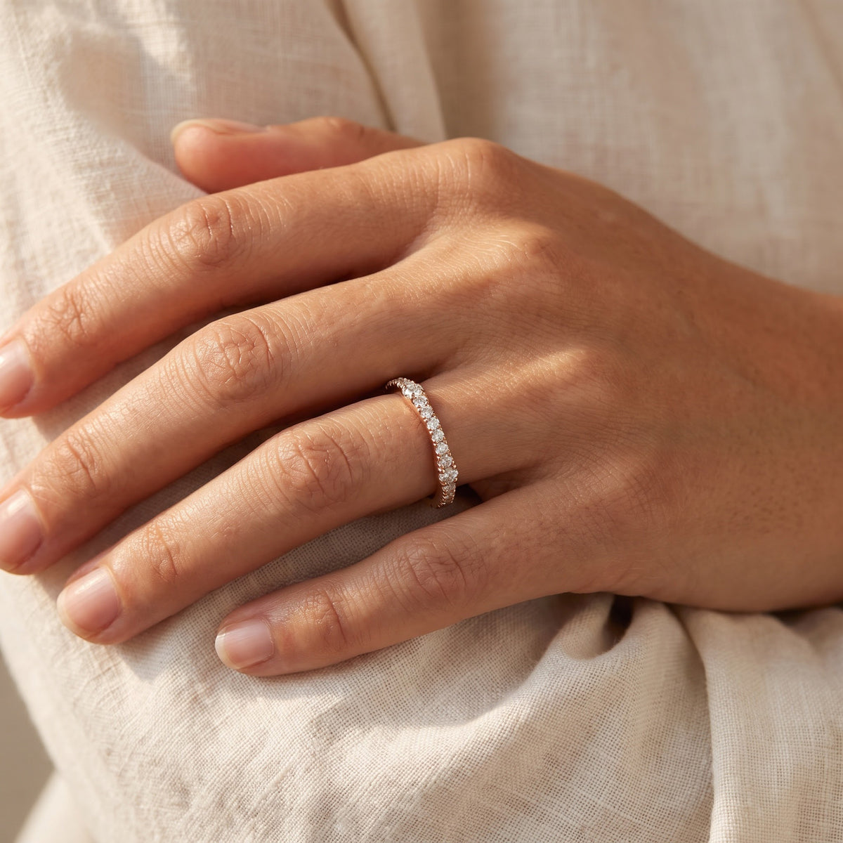 Rose Gold Diamond Contoured Eternity Ring, worn