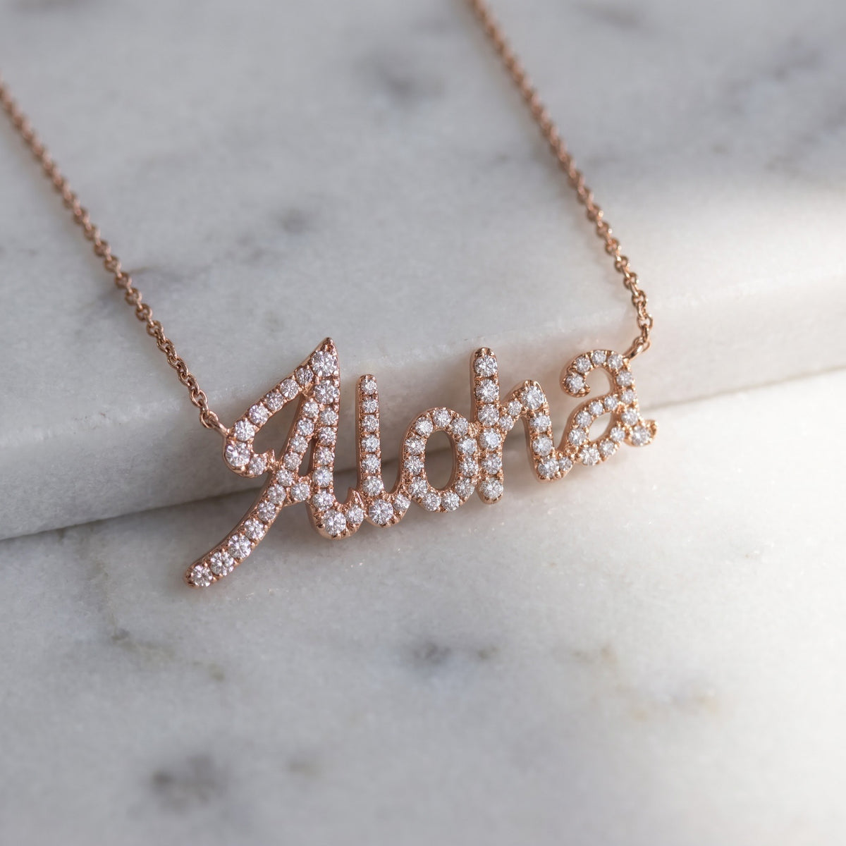 Rose Gold Diamond Pave Aloha Script Necklace