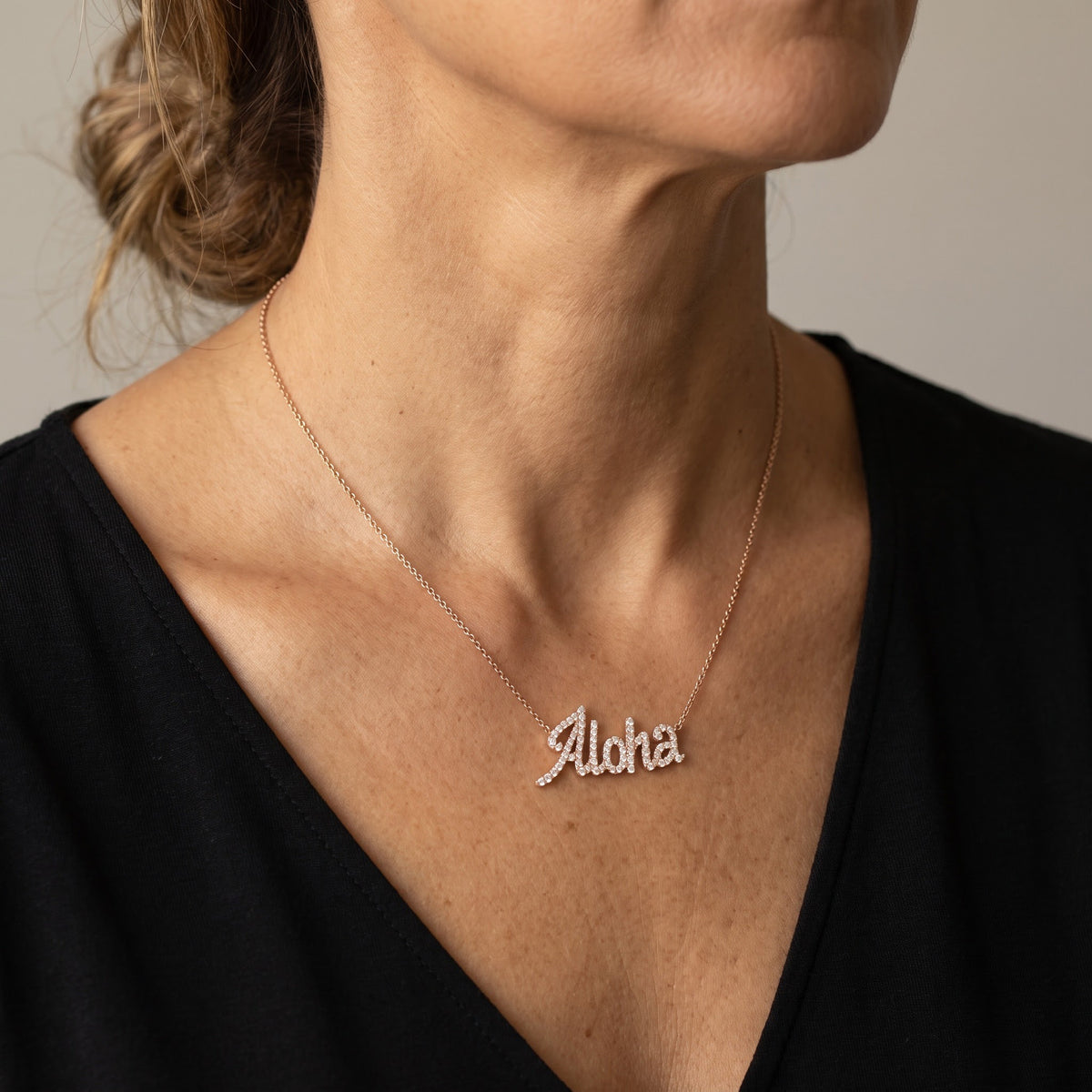 Rose Gold Diamond Pave Aloha Script Necklace, worn, second view