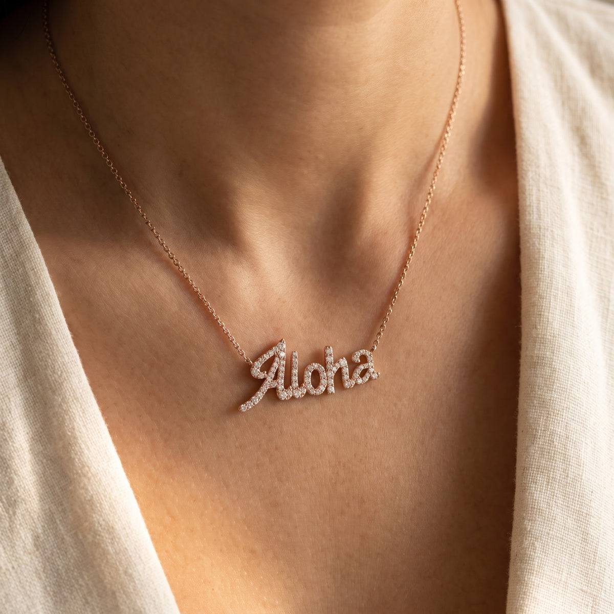 Rose Gold Diamond Pave Aloha Script Necklace, worn