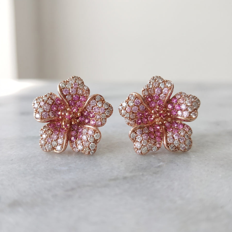 Rose Gold Floral Stud Earrings with Pink Sapphires