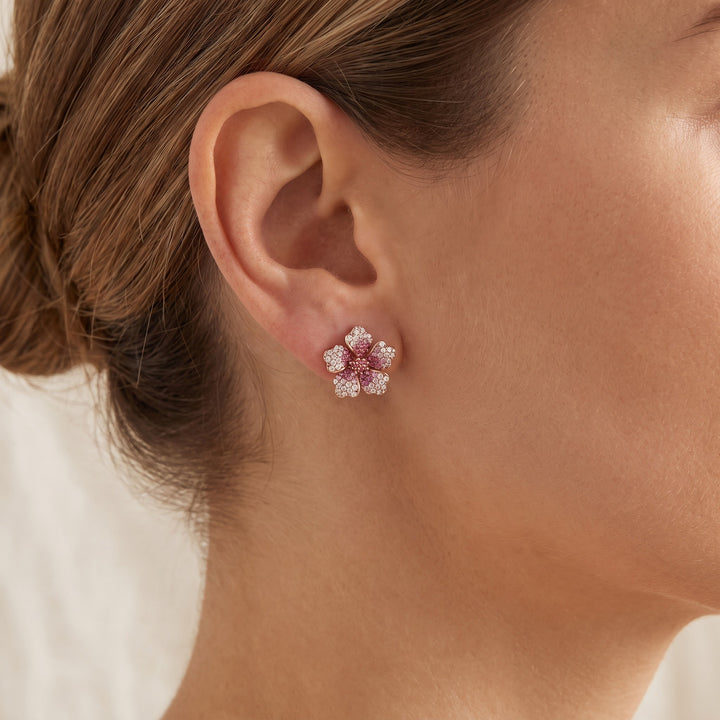 1.10 ct Pink Sapphire and White Sapphire Floral Stud Earrings in 14K Rose Gold, worn