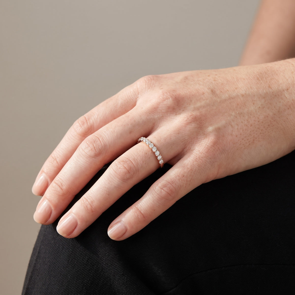 Rose Gold Shared Prong Diamond Band, worn