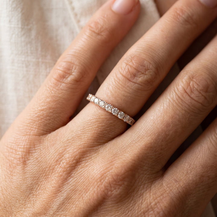 Rose Gold Shared-Prong Diamond Band, worn