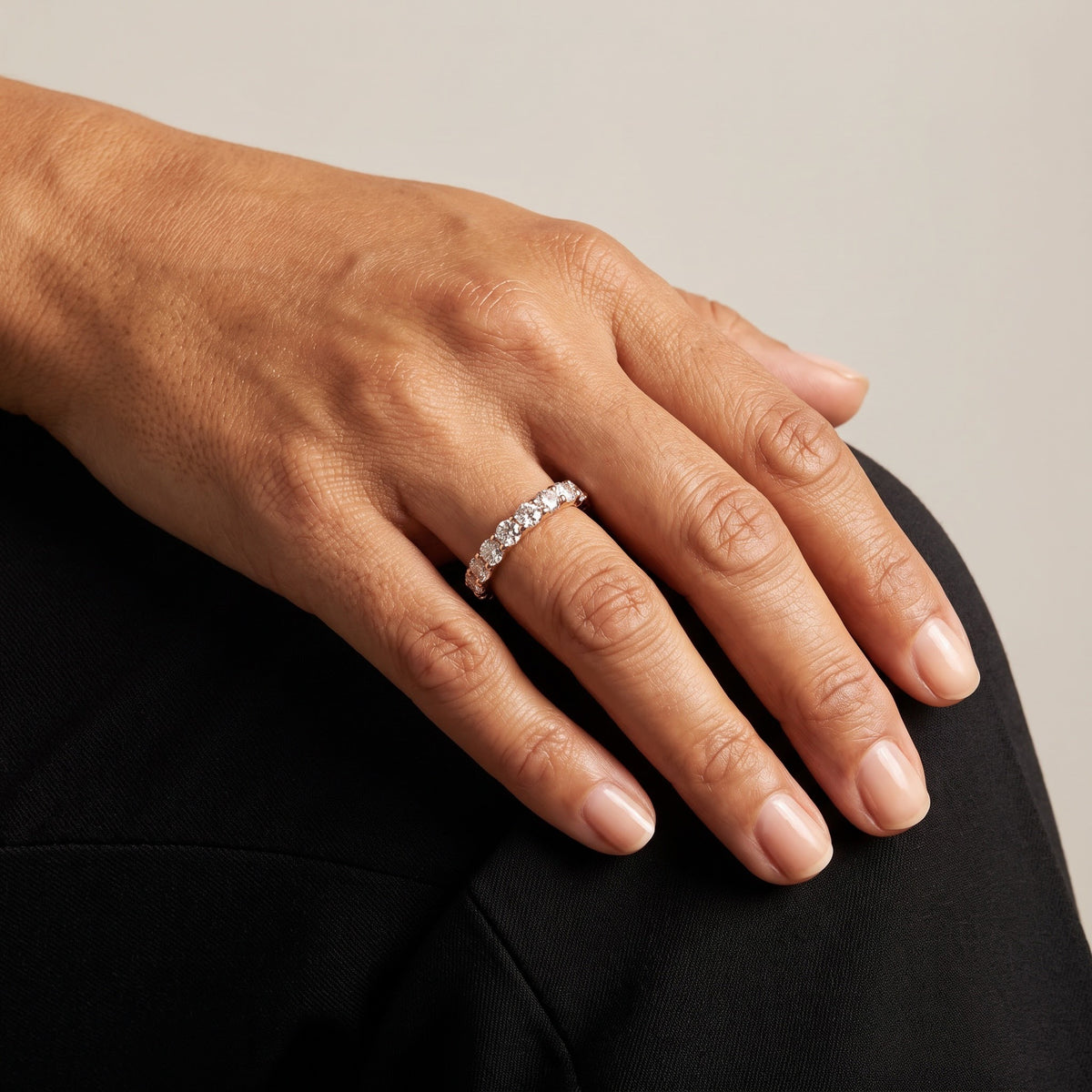 Round Diamond Eternity Ring in Rose Gold, worn
