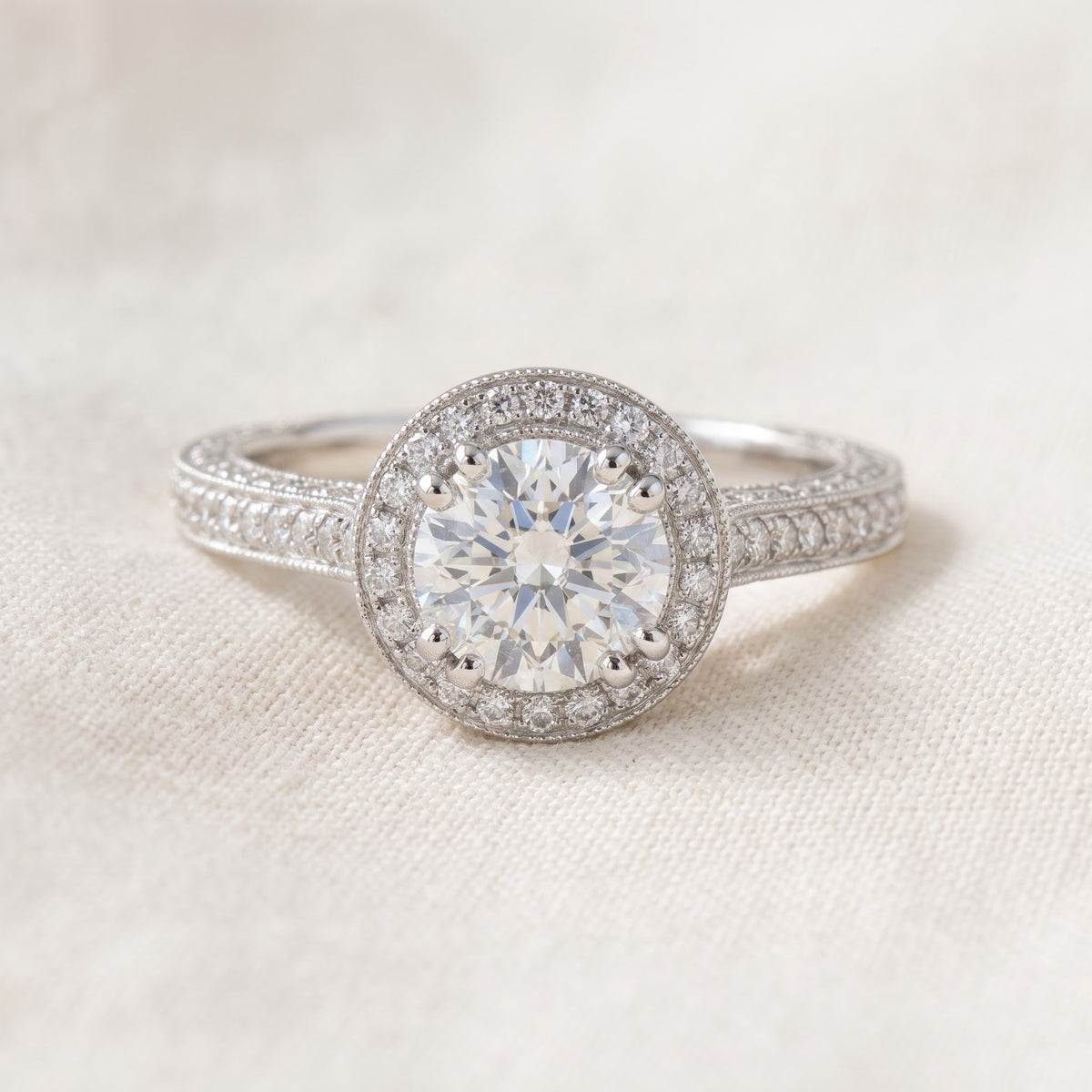Round Diamond Halo Engagement Ring in White Gold