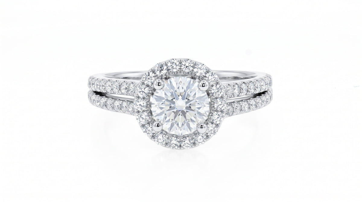 Round Diamond Halo Split Shank Engagement Ring in 14K White Gold
