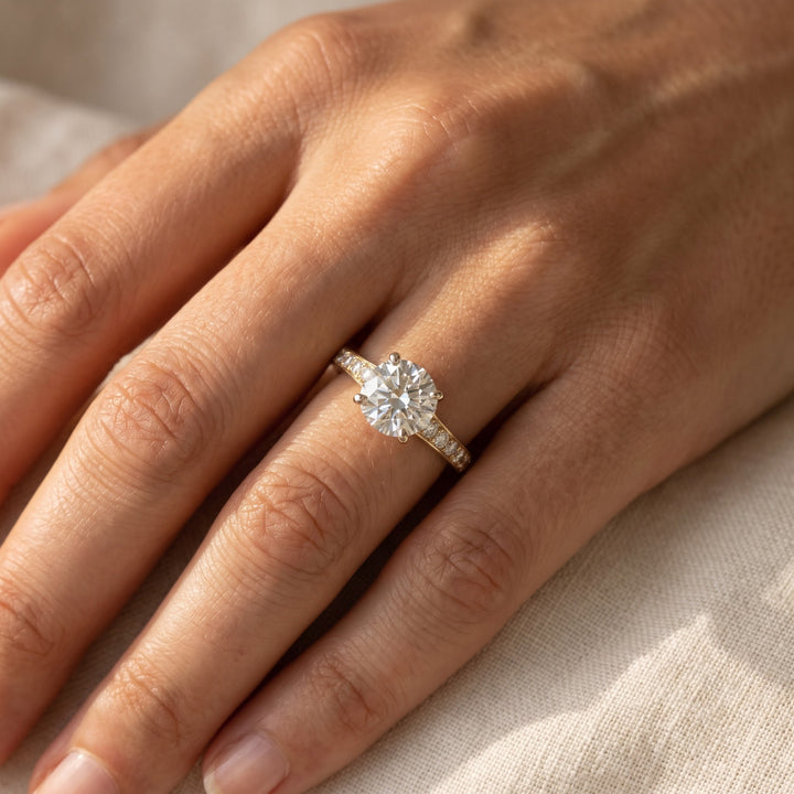 2.05 ct Round Diamond Ring with Accented Band in 14K Yellow Gold, worn