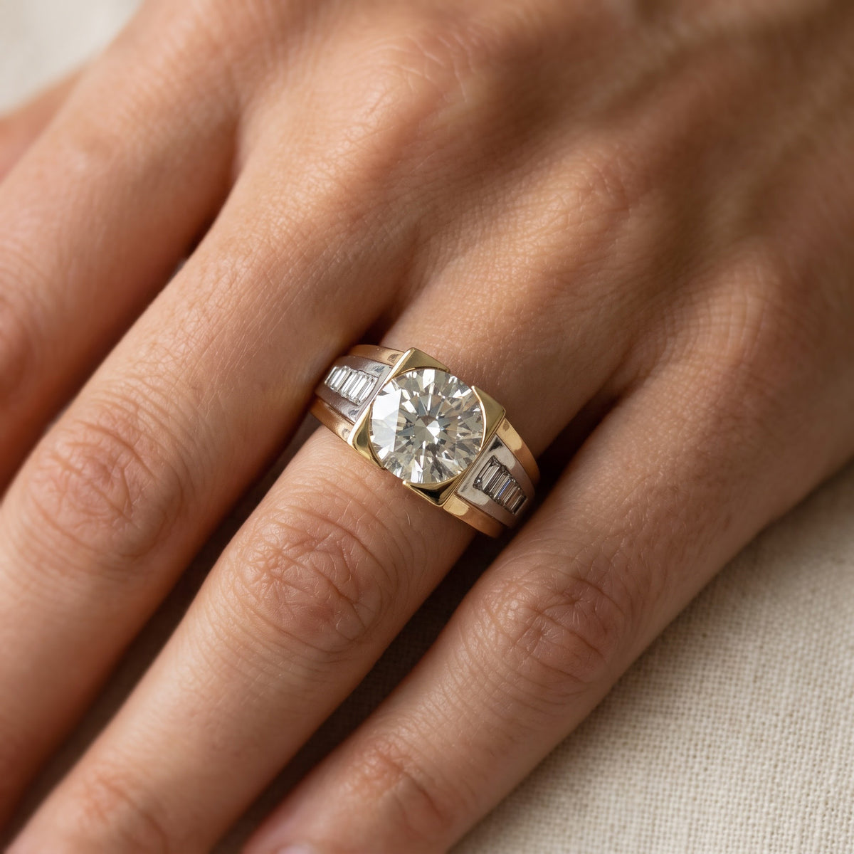 Round Diamond Ring with Baguette Side Stones in 14K Yellow and White Gold, worn