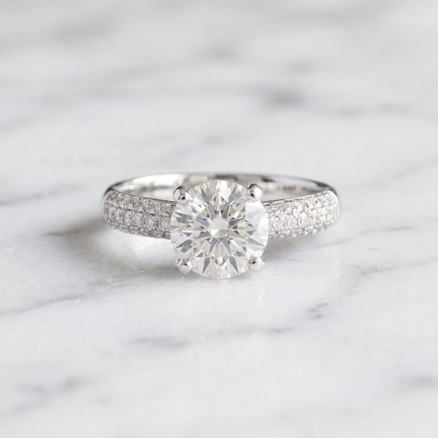 Round Diamond Solitaire Ring with Pavé Band in 14K White Gold