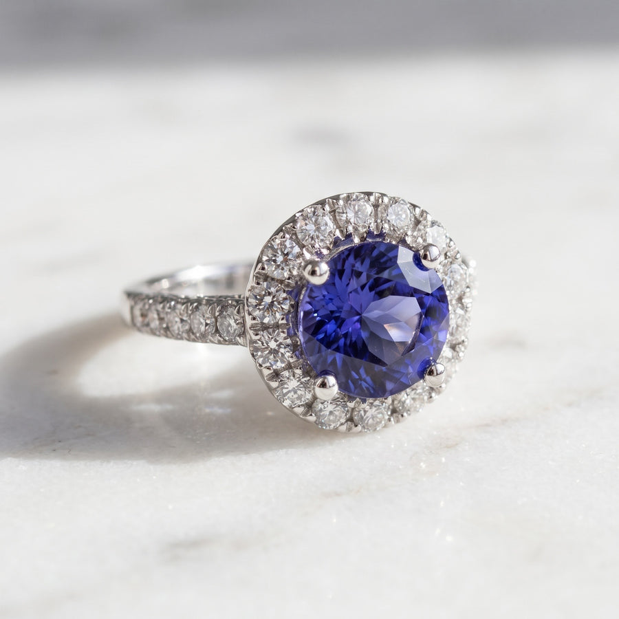 Round Tanzanite Diamond Halo Cocktail Ring in White Gold