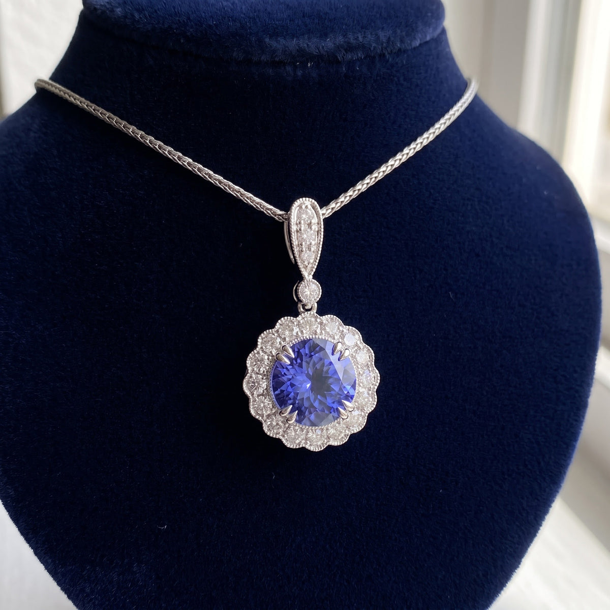 2.24 ct Round Tanzanite and Diamond Halo Pendant Necklace in 14K White Gold