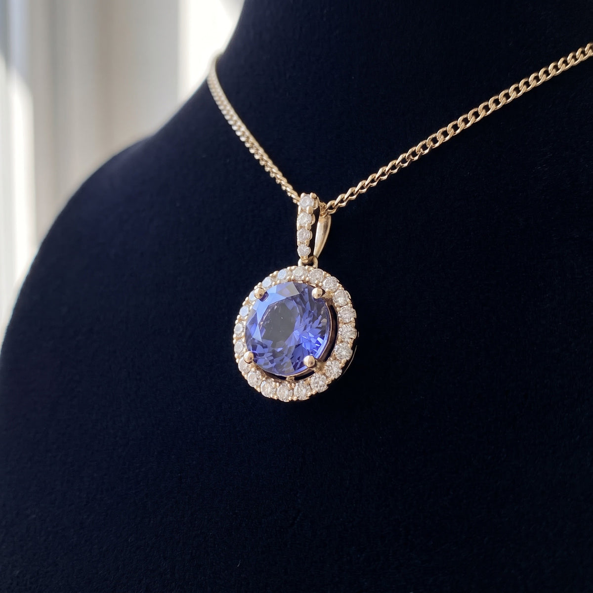 2.58 ct Round Tanzanite and Diamond Halo Pendant Necklace in 14K Yellow Gold