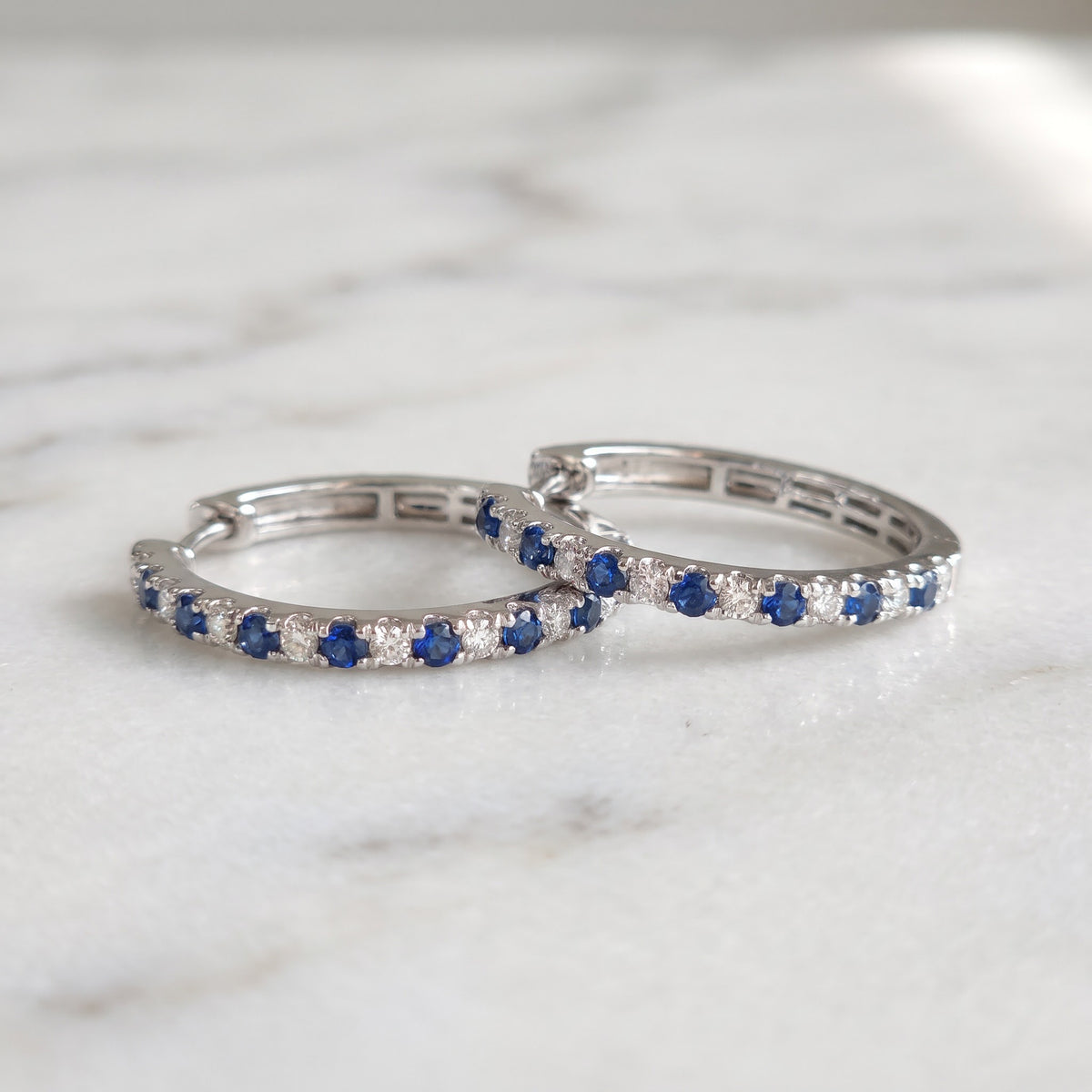 0.31 ct Alternating Royal Blue Sapphire and Diamond Hoop Earrings in 14K White Gold