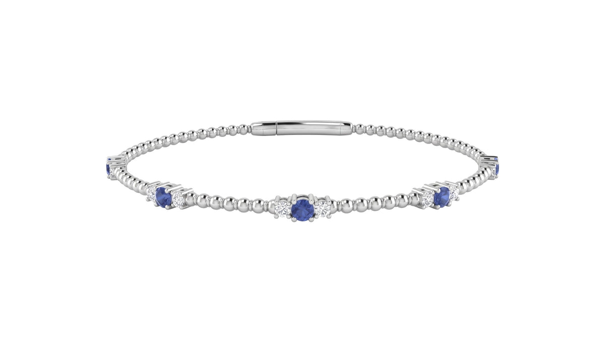 Royal Blue Sapphire and Diamond Station Beaded Bracelet in 14K White Gold, studio