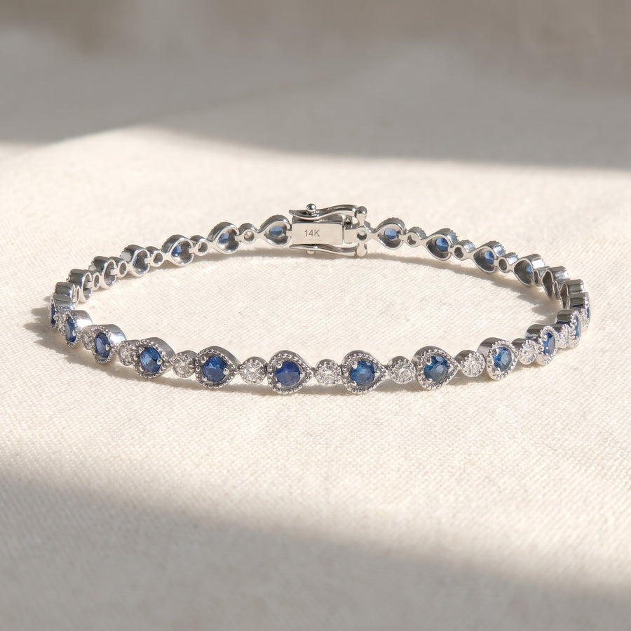 Royal Blue Sapphire and Diamond Tennis Bracelet in White Gold