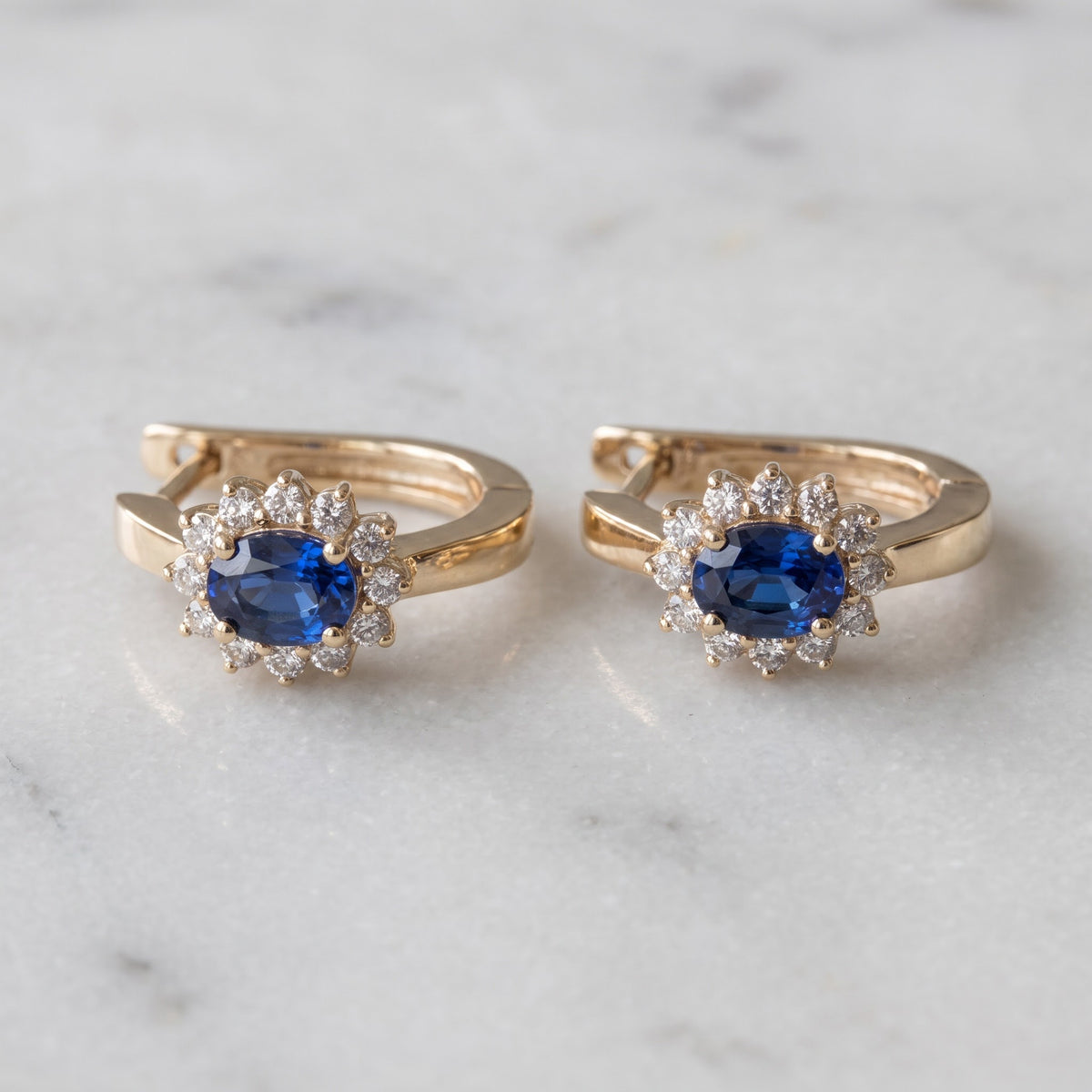 1.14 ct Royal Blue Sapphire and Diamond Halo Hoop Earrings in 14K Yellow Gold
