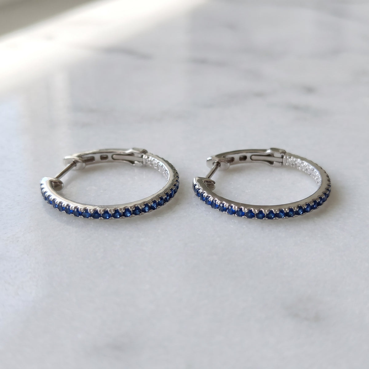 0.31 ct Royal Blue Sapphire Line Hoop Earrings with Diamond Accents in 14K White Gold