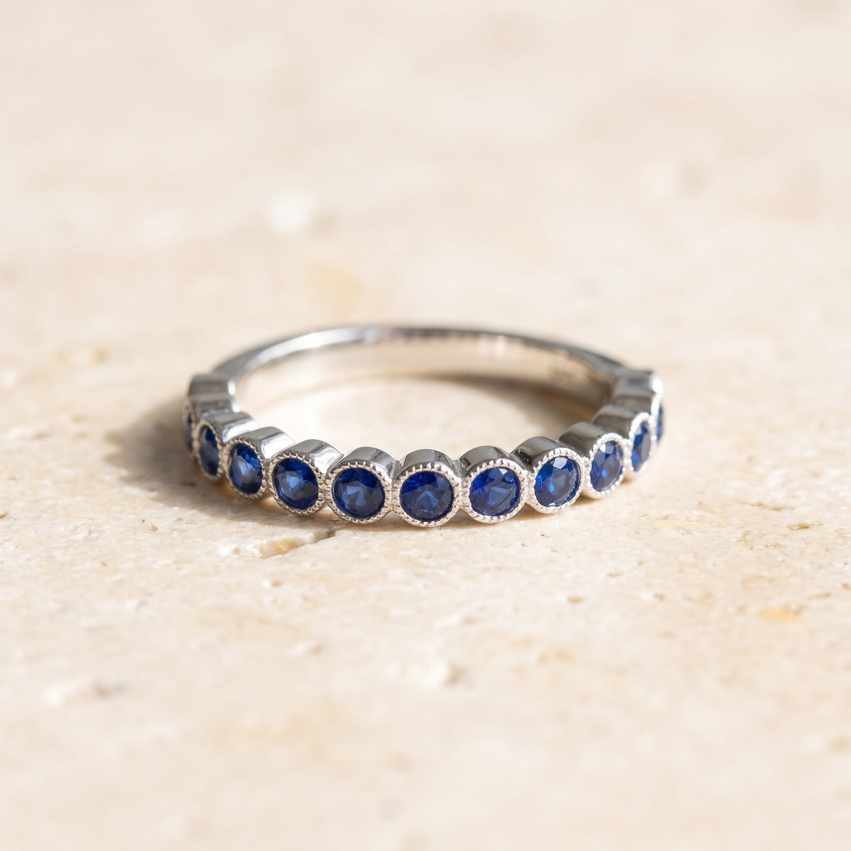 0.83 ct Royal Blue Sapphire Milgrain Bezel Ring in 14K White Gold