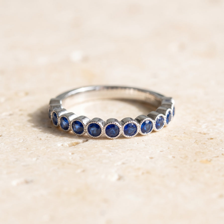 Royal Blue Sapphire Milgrain Bezel Ring in 14K White Gold