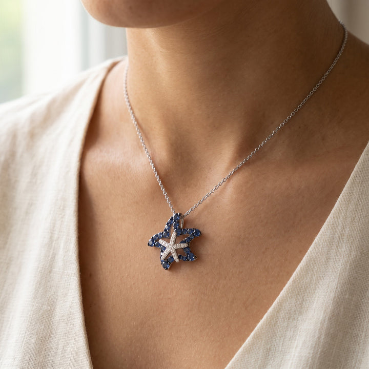0.65 ct Royal Blue Sapphire and Diamond Starfish Pendant Necklace in 14K White Gold, worn
