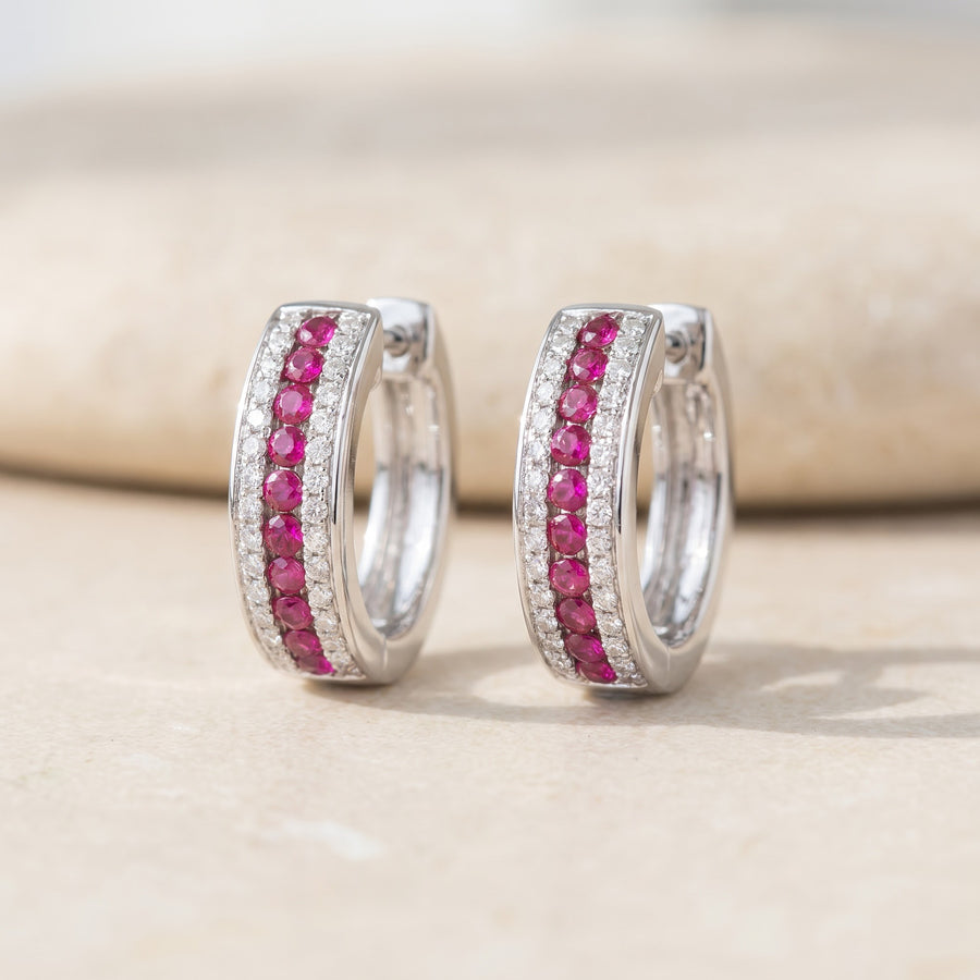 Ruby and Diamond Hoop Earrings in 14K White Gold
