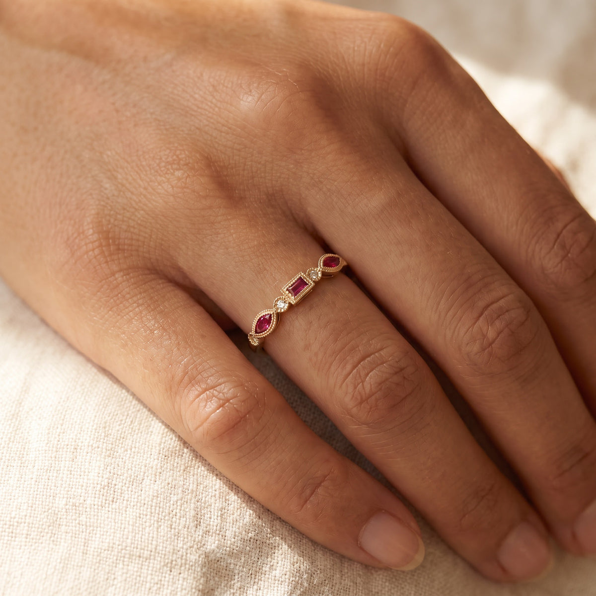 Ruby and Diamond Vintage-Inspired Multistone Ring in 14K Yellow Gold, worn