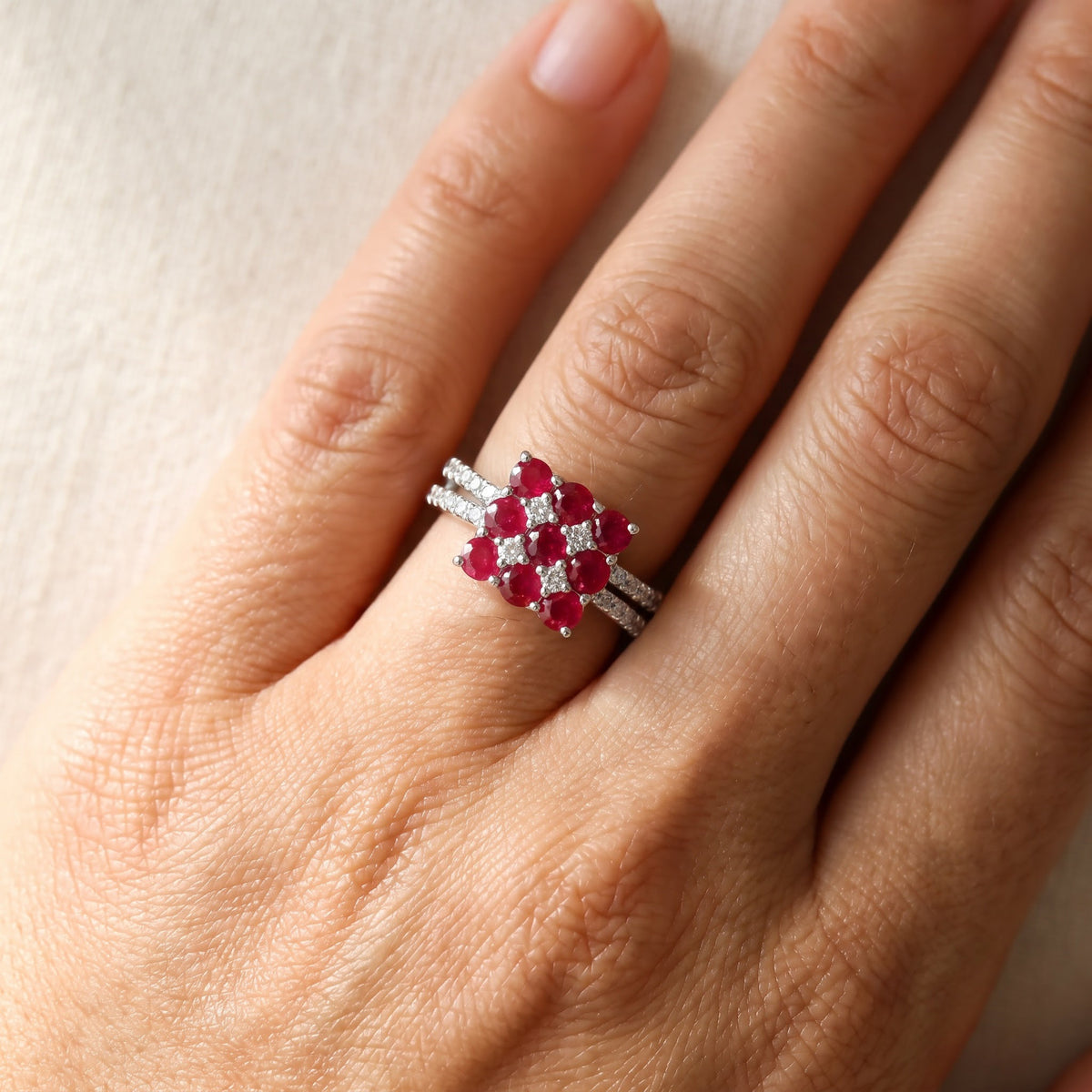 Ruby Cluster Split Shank Ring — White Gold, worn
