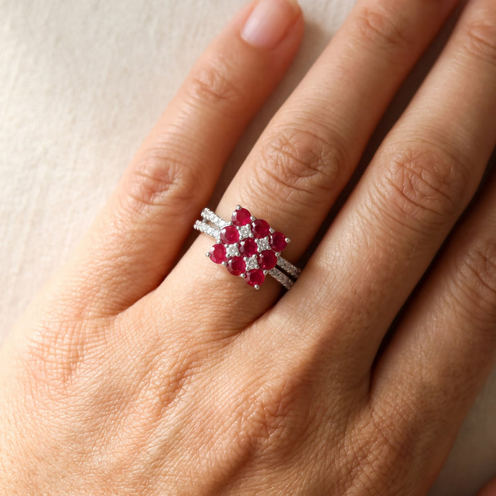 1.29 ct Ruby and Diamond Cluster Split Shank Ring in 14K White Gold, worn
