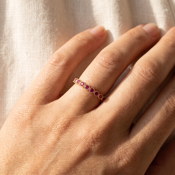 0.28 ct Ruby Milgrain Half Eternity Ring in 14K Yellow Gold, worn