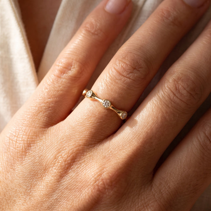 0.41 ct Scalloped Bezel Diamond Eternity Ring in 14K Yellow Gold, worn
