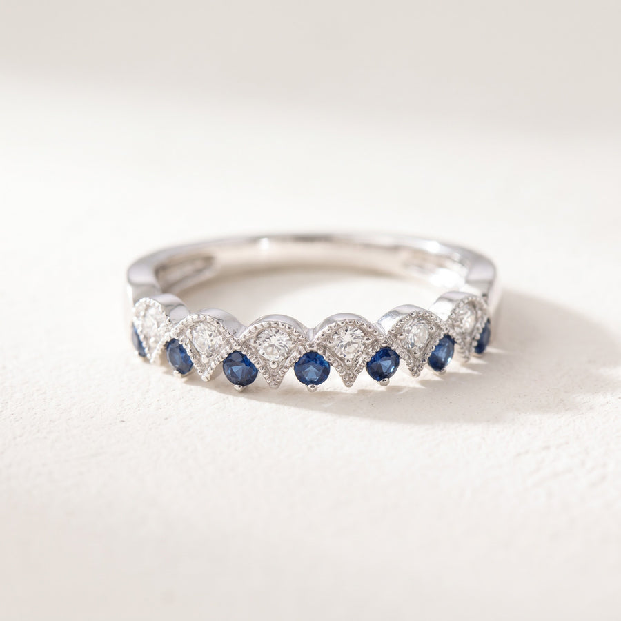 Scalloped Blue Sapphire and Diamond Band Ring in 14K White Gold