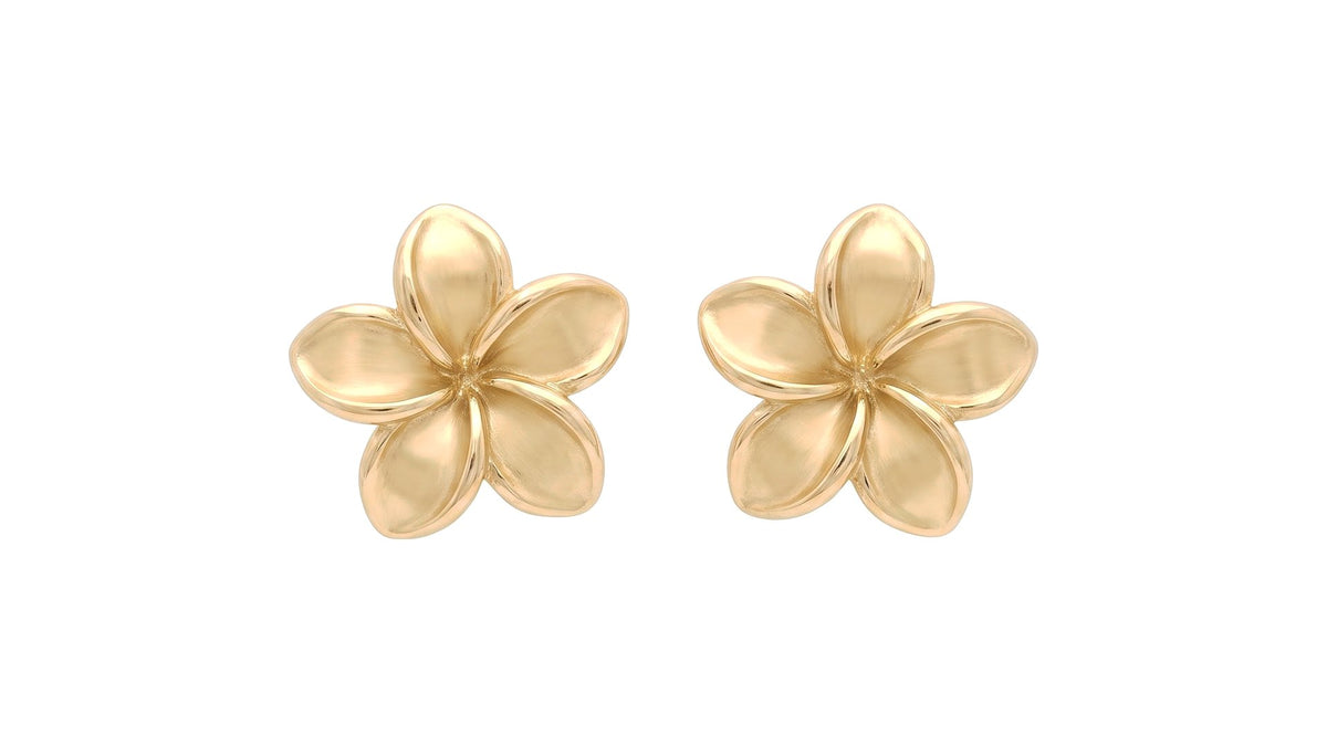 Sculpted Yellow Gold Plumeria Flower Stud Earrings