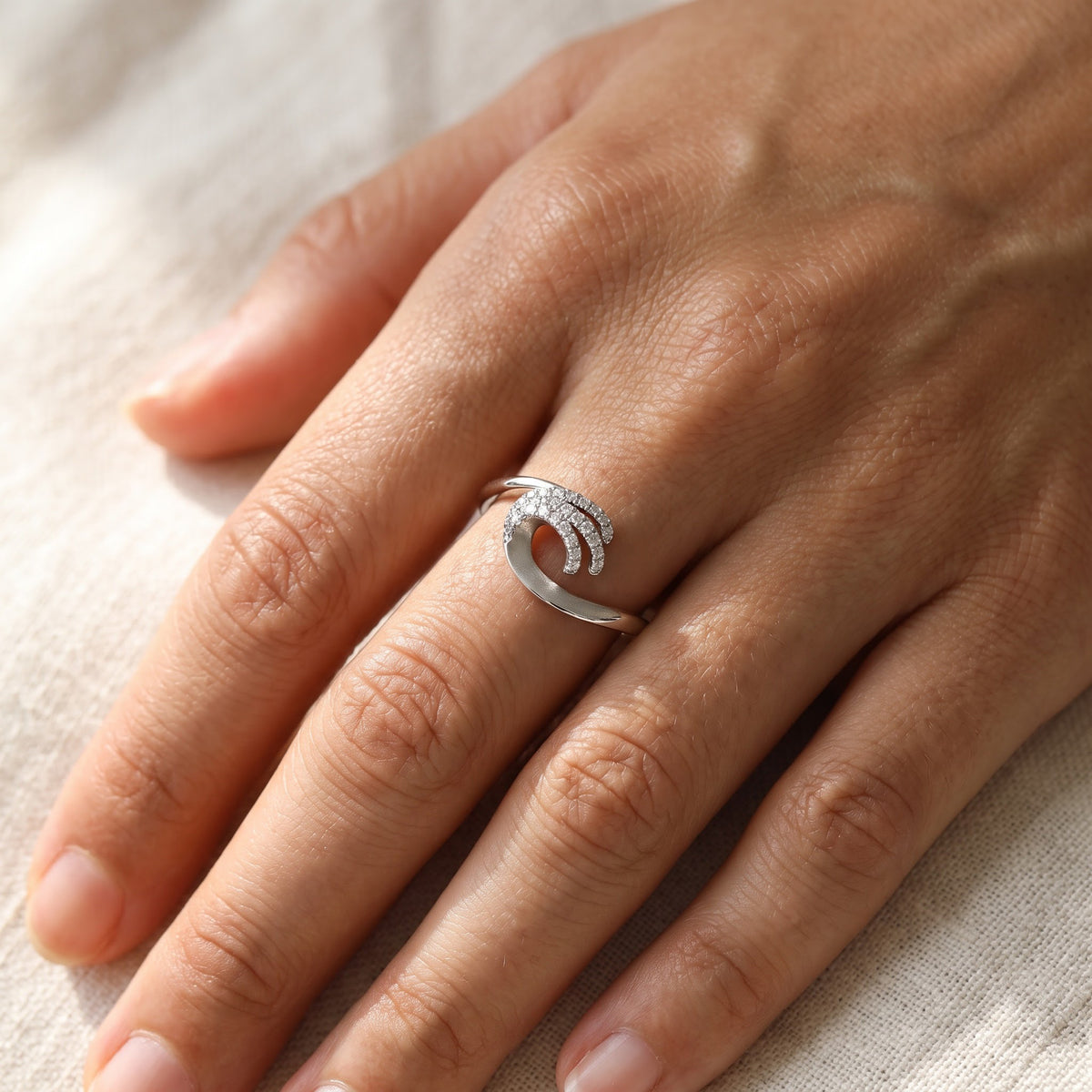 Sculptural Diamond Pavé Wave Bypass Ring in White Gold, worn