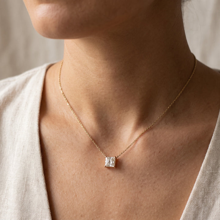 1.21 ct Princess-Cut Solitaire Diamond Necklace in 14K Yellow Gold, worn