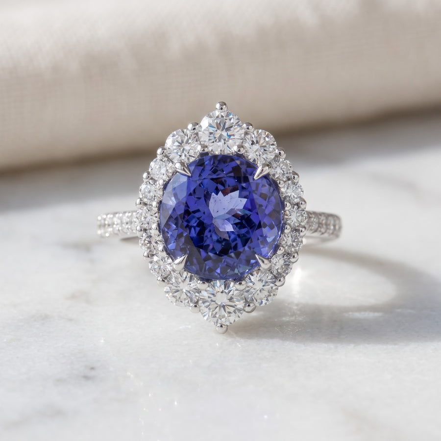 Tanzanite and Diamond Halo Cocktail Ring in White Gold