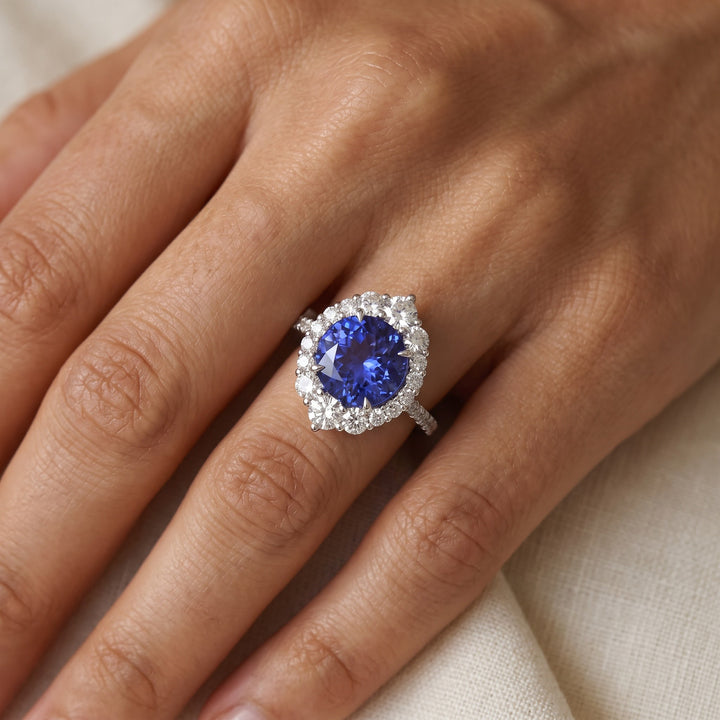 4.35 ct Tanzanite and Diamond Halo Cocktail Ring in 14K White Gold, worn