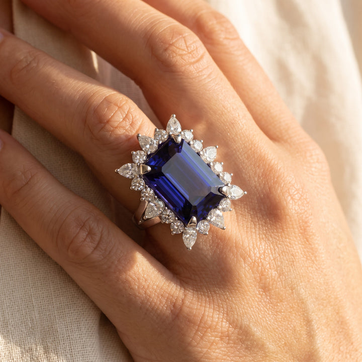 15.90 ct Tanzanite Cocktail Ring with Mixed-Cut Diamond Halo in 14K White Gold, worn