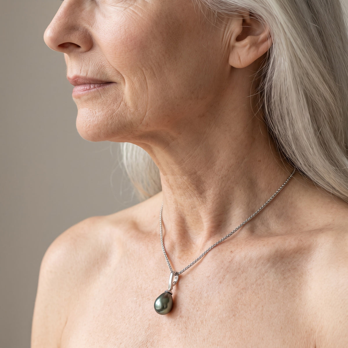 Teardrop Pearl Pendant Necklace in White Gold, worn, second view