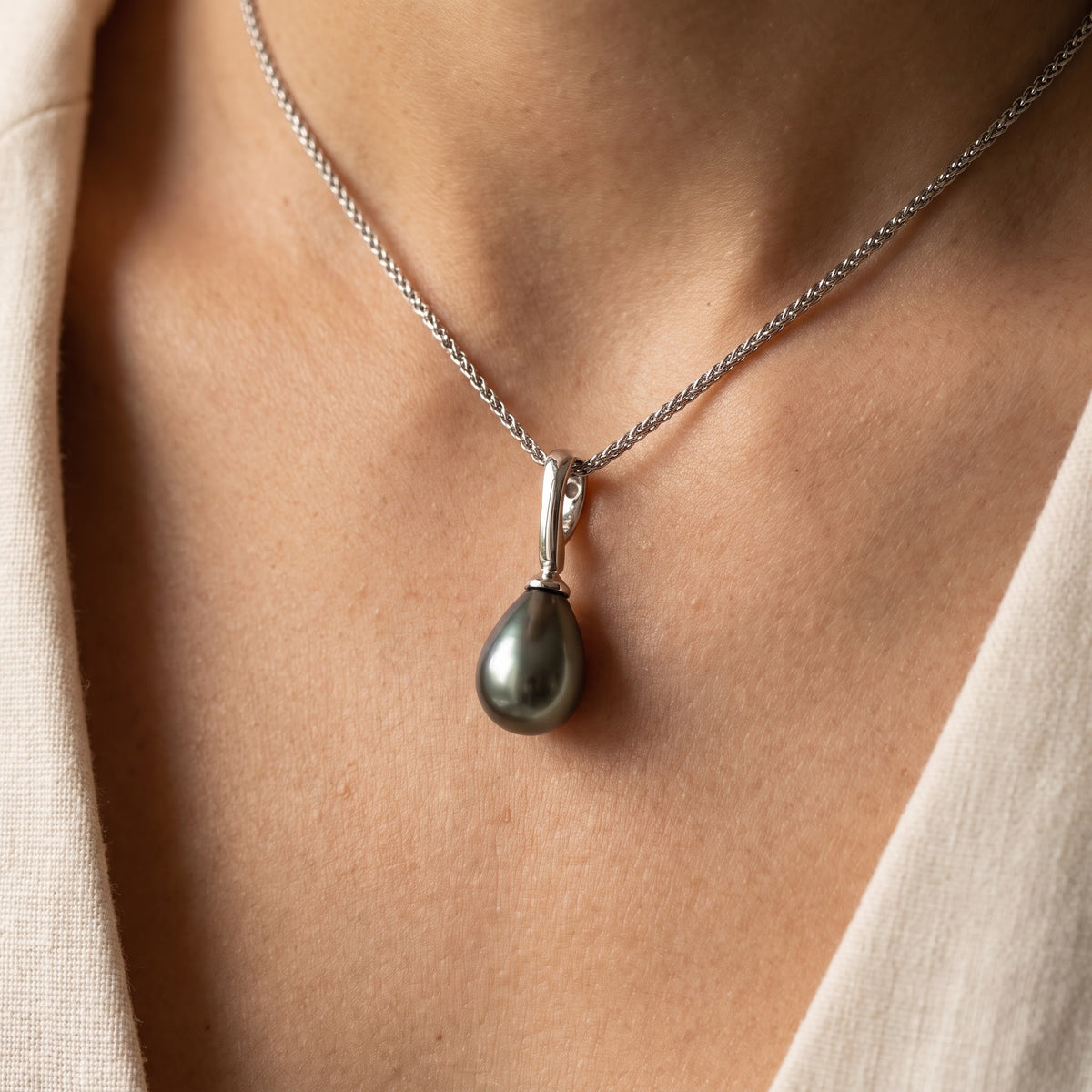 Teardrop Pearl Pendant Necklace in White Gold, worn